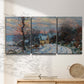 Three-panel canvas wall art featuring snow covered road leading to village, displayed in a minimalist living room above a console table.