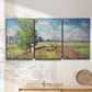 Three-panel canvas wall art featuring sunlit meadow landscape, displayed in a minimalist living room above a console table.