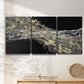 Three-panel canvas wall art featuring dark modern abstract wind patterns, displayed in a minimalist living room above a console table.