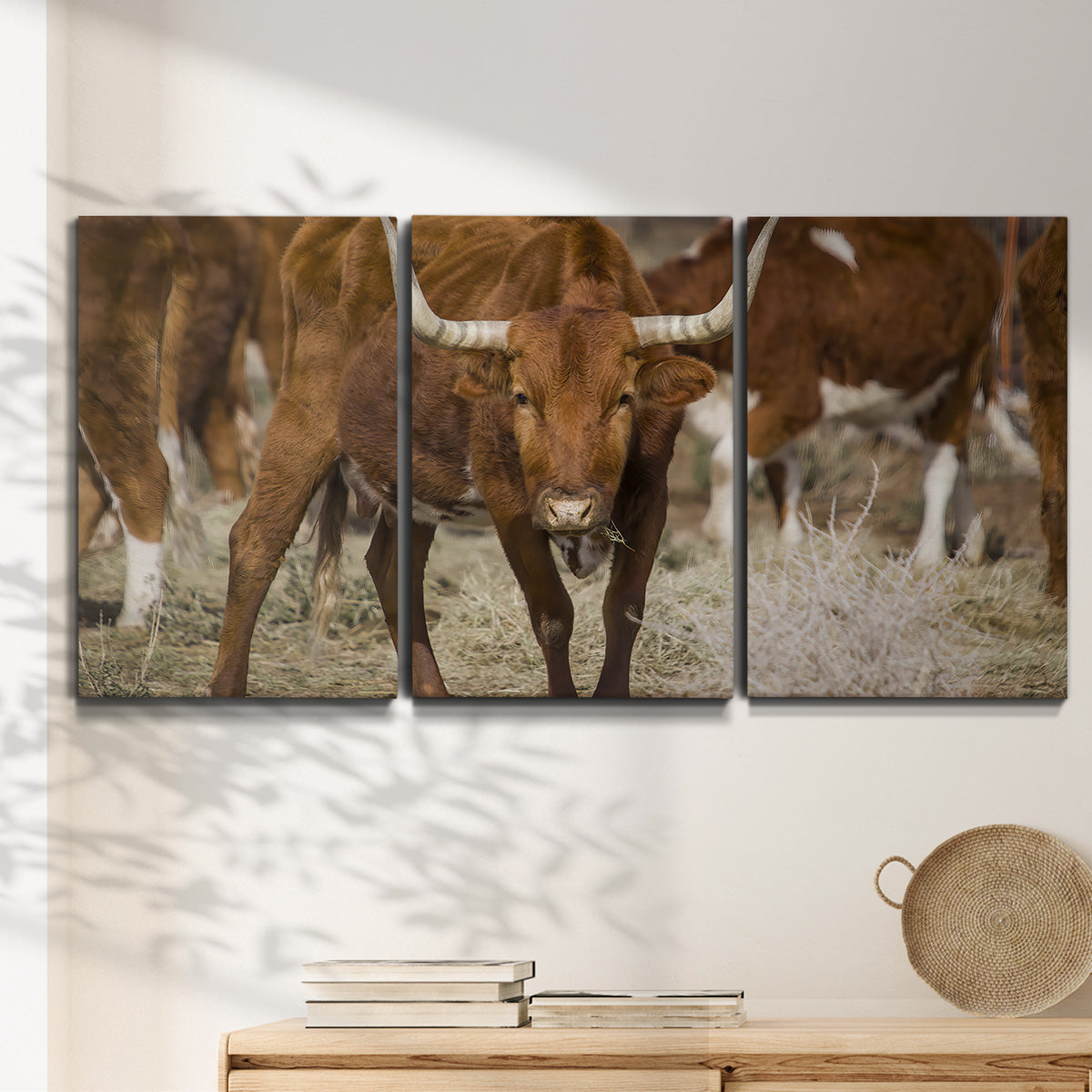 Three-panel canvas wall art featuring longhorn cattle standing together, displayed in a minimalist living room above a console table.
