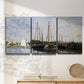 Three-panel canvas wall art featuring small pleasure boats on calm water, displayed in a minimalist living room above a console table.