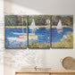Three-panel canvas wall art featuring river scene with reflections, displayed in a minimalist living room above a console table.