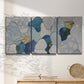 Three-panel canvas wall art featuring mid century geometric pink abstraction, displayed in a minimalist living room above a console table.