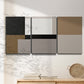 Three-panel canvas wall art featuring geometric abstract centerpoint composition, displayed in a minimalist living room above a console table.