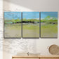 Three-panel canvas wall art featuring abstract terrace landscape view, displayed in a minimalist living room above a console table.