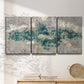 Three-panel canvas wall art featuring layered mineral abstract textures, displayed in a minimalist living room above a console table.