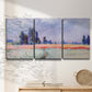 Three-panel canvas wall art featuring flowering field with poppies, displayed in a minimalist living room above a console table.