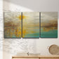 Three-panel canvas wall art featuring warm abstract end of summer palette, displayed in a minimalist living room above a console table.