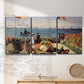 Three-panel canvas wall art featuring coastal garden overlooking sea, displayed in a minimalist living room above a console table.