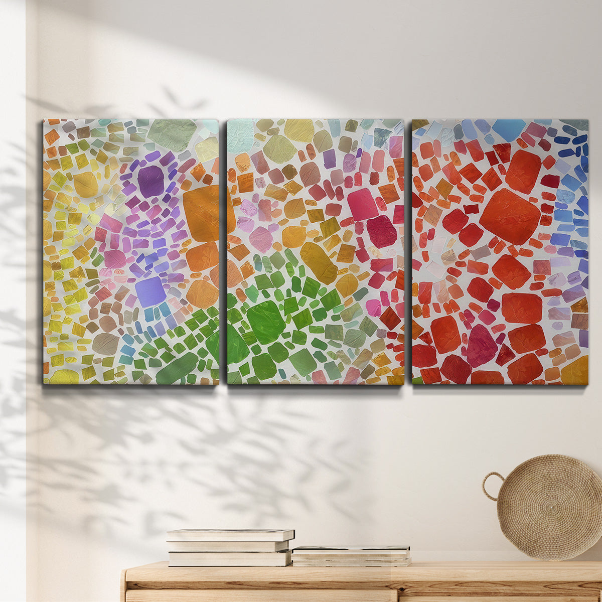 Three-panel canvas wall art featuring peaceful tropical inspired landscape, displayed in a minimalist living room above a console table.