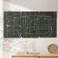 Three-panel canvas wall art featuring linear abstract conduit pattern, displayed in a minimalist living room above a console table.
