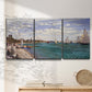 Three-panel canvas wall art featuring river basin with boats, displayed in a minimalist living room above a console table.