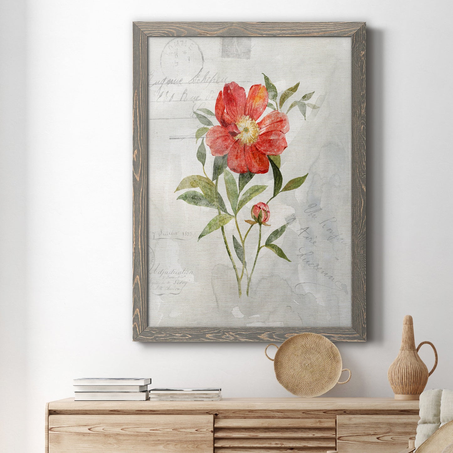 Linen Peony - Premium Canvas Framed in Barnwood - Ready to Hang