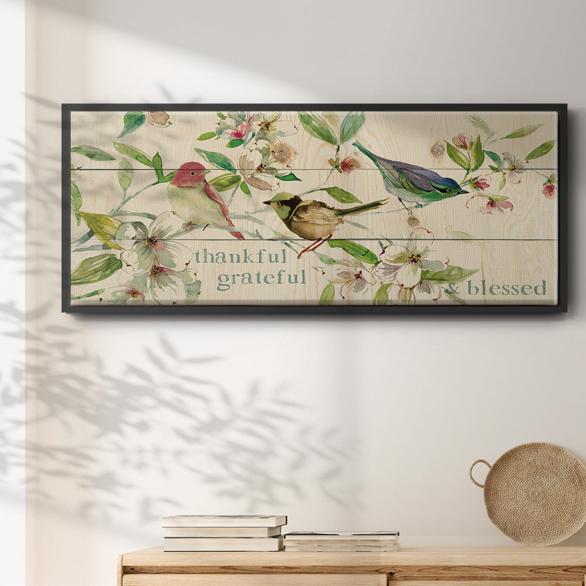 Grateful Thankful Blessed Birds - Floater Framed Canvas Print