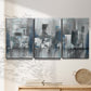 Three-panel canvas wall art featuring urban cityscape rendered in blue tones, displayed in a minimalist living room above a console table.