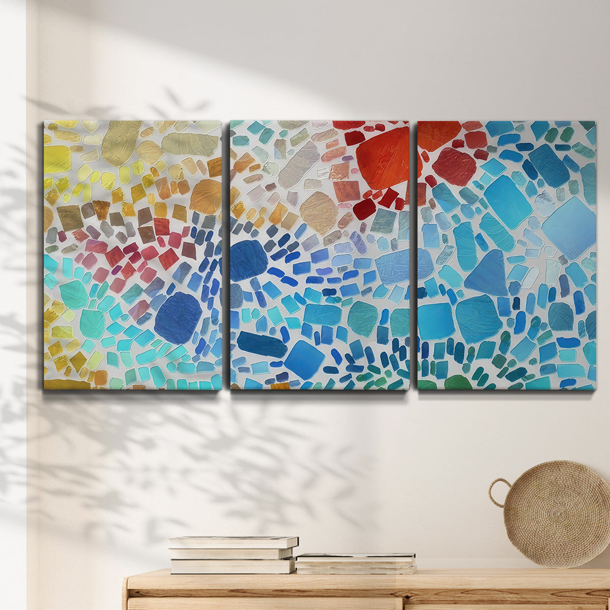 Three-panel canvas wall art featuring open landscape with landing strip, displayed in a minimalist living room above a console table.