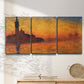 Three-panel canvas wall art featuring Venetian church at sunset, displayed in a minimalist living room above a console table.