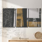 Three-panel canvas wall art featuring industrial mid century abstract glitch, displayed in a minimalist living room above a console table.