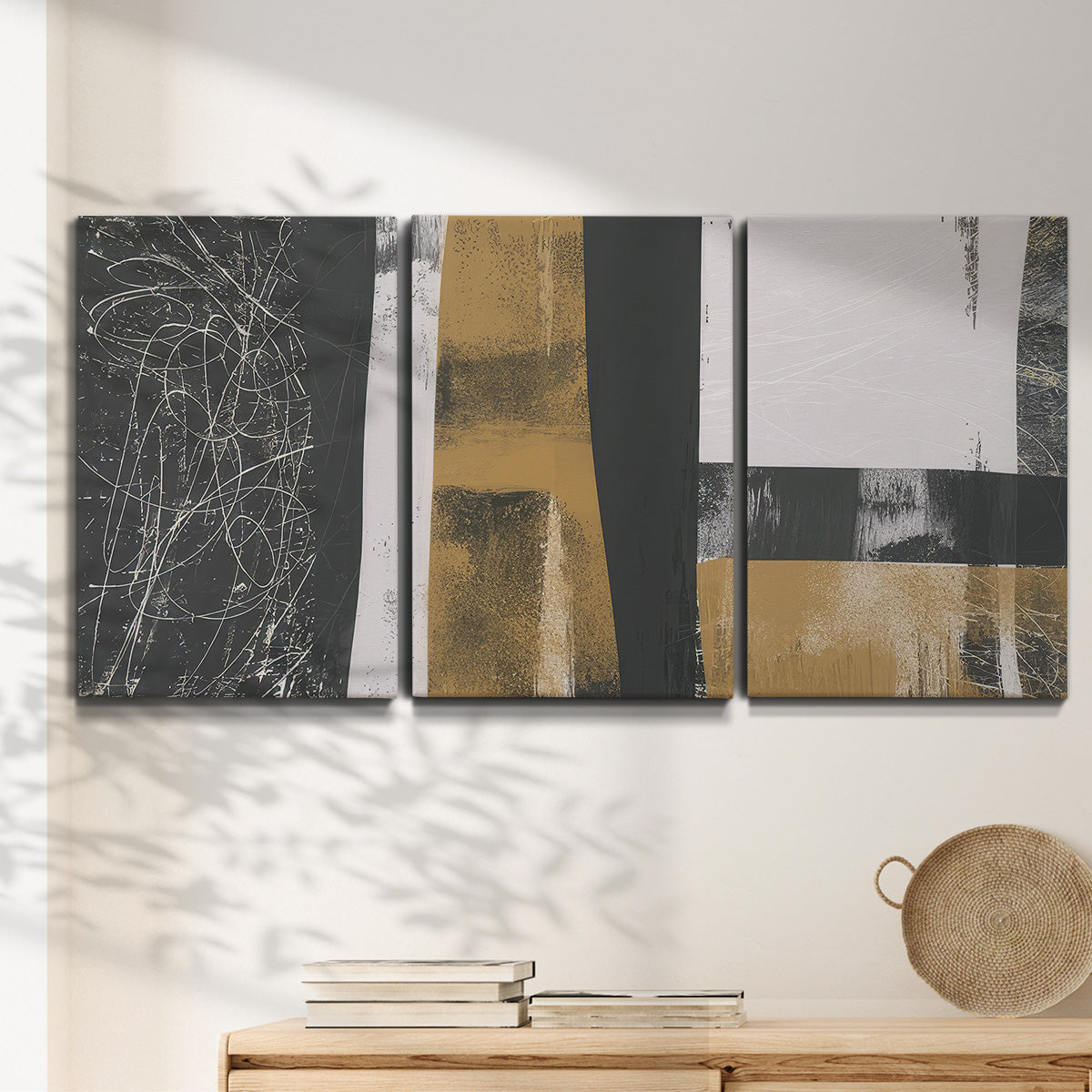 Three-panel canvas wall art featuring industrial mid century abstract glitch, displayed in a minimalist living room above a console table.