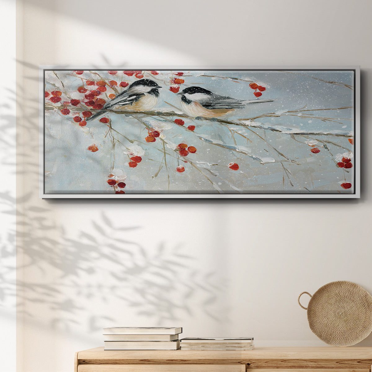 Chickadees in Winter - Floater Framed Canvas Print