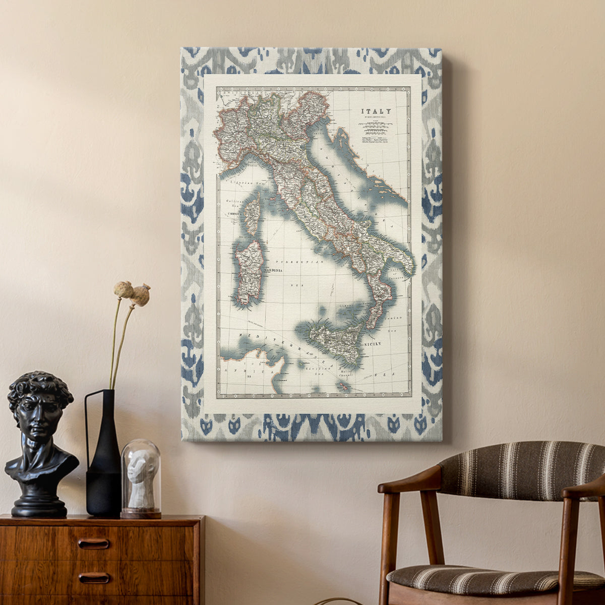 Bordered Map of Italy - Canvas Art Print