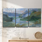 Three-panel canvas wall art featuring abstract landscape composition study, displayed in a minimalist living room above a console table.