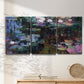 Three-panel canvas wall art featuring water lilies with willow reflections, displayed in a minimalist living room above a console table.