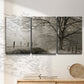Three-panel canvas wall art featuring fenced rural path through countryside, displayed in a minimalist living room above a console table.