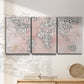 Three-panel canvas wall art featuring stylized pink cheetah world map, displayed in a minimalist living room above a console table.