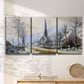 Three-panel canvas wall art featuring snow covered road leading to village, displayed in a minimalist living room above a console table.