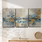 Three-panel canvas wall art featuring abstract soft morning light, displayed in a minimalist living room above a console table.