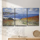 Three-panel canvas wall art featuring coastal path leading to sea, displayed in a minimalist living room above a console table.