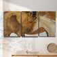 Three-panel canvas wall art featuring gentle horse portrait illustration, displayed in a minimalist living room above a console table.