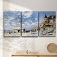Three-panel canvas wall art featuring beach boardwalk with figures, displayed in a minimalist living room above a console table.