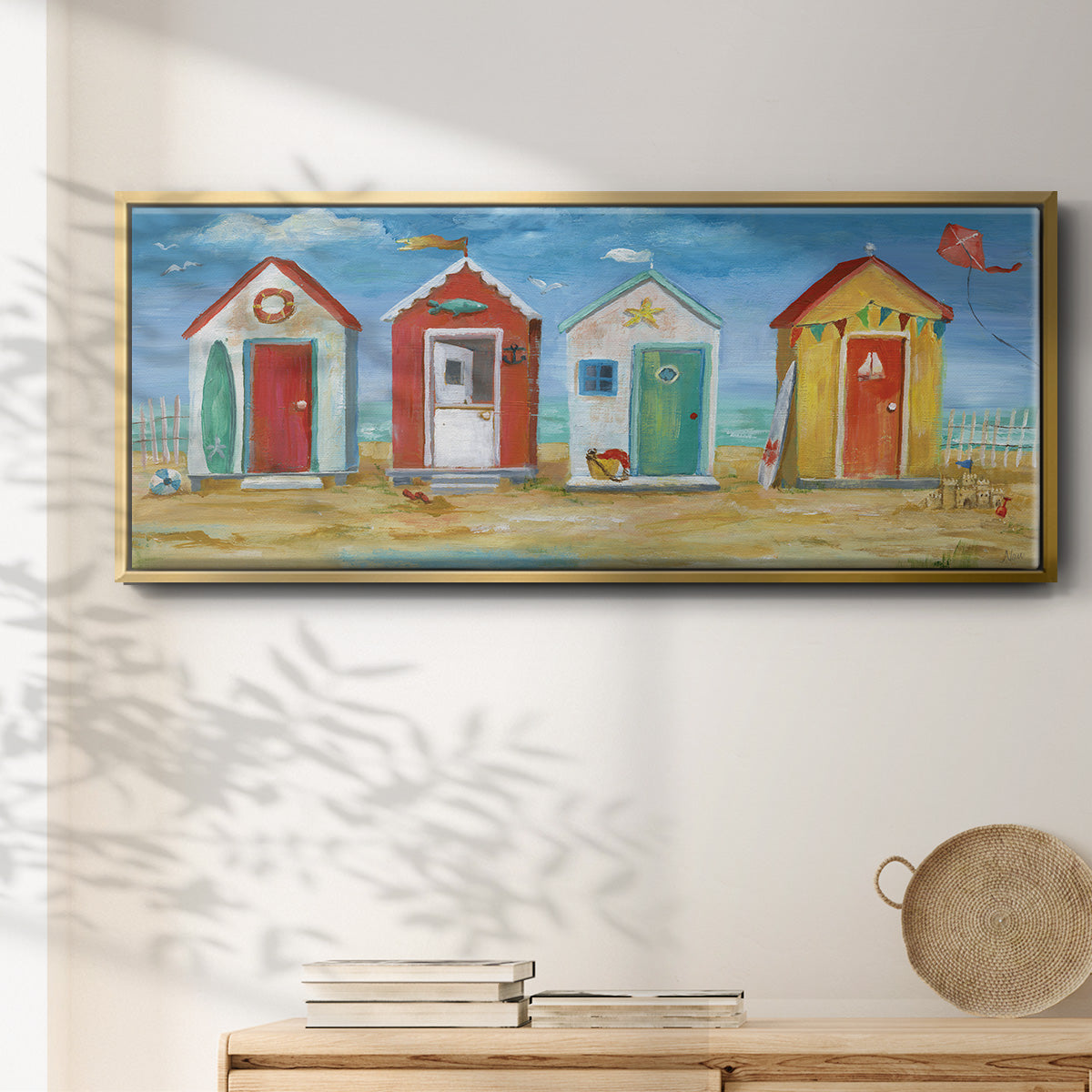 Bright Beach Huts - Floater Framed Canvas Print
