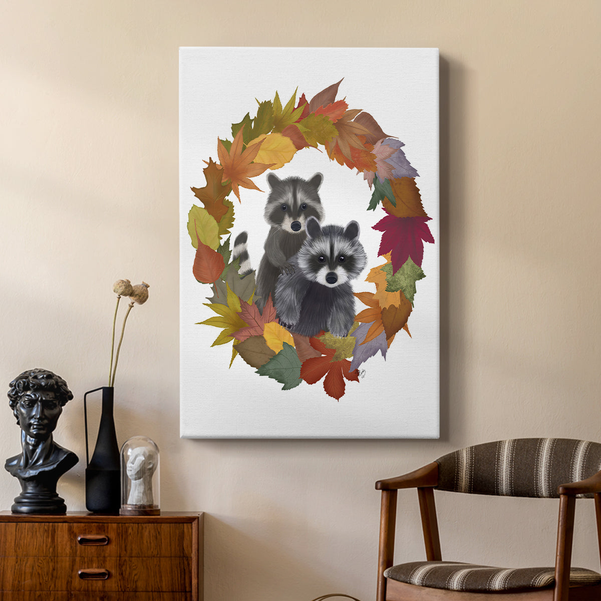 Raccoons Autumn Leaf Wreath - Canvas Art Print