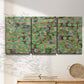Three-panel canvas wall art featuring geometric fractal abstract slot pattern, displayed in a minimalist living room above a console table.
