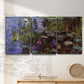 Three-panel canvas wall art featuring water lilies on calm pond, displayed in a minimalist living room above a console table.