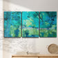 Three-panel canvas wall art featuring abstract river composition with movement, displayed in a minimalist living room above a console table.