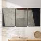 Three-panel canvas wall art featuring geometric abstract roadway motif, displayed in a minimalist living room above a console table.