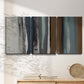 Three-panel canvas wall art featuring layered abstract amusement park tones, displayed in a minimalist living room above a console table.
