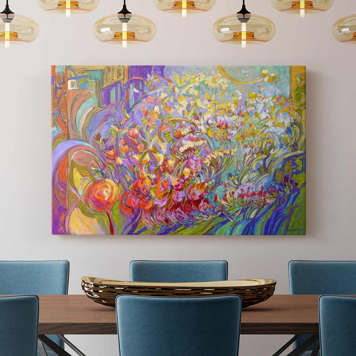 Vibrant floral composition showcasing bright colors and dynamic shapes in an abstract style