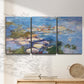 Three-panel canvas wall art featuring water lilies in blue and gold, displayed in a minimalist living room above a console table.