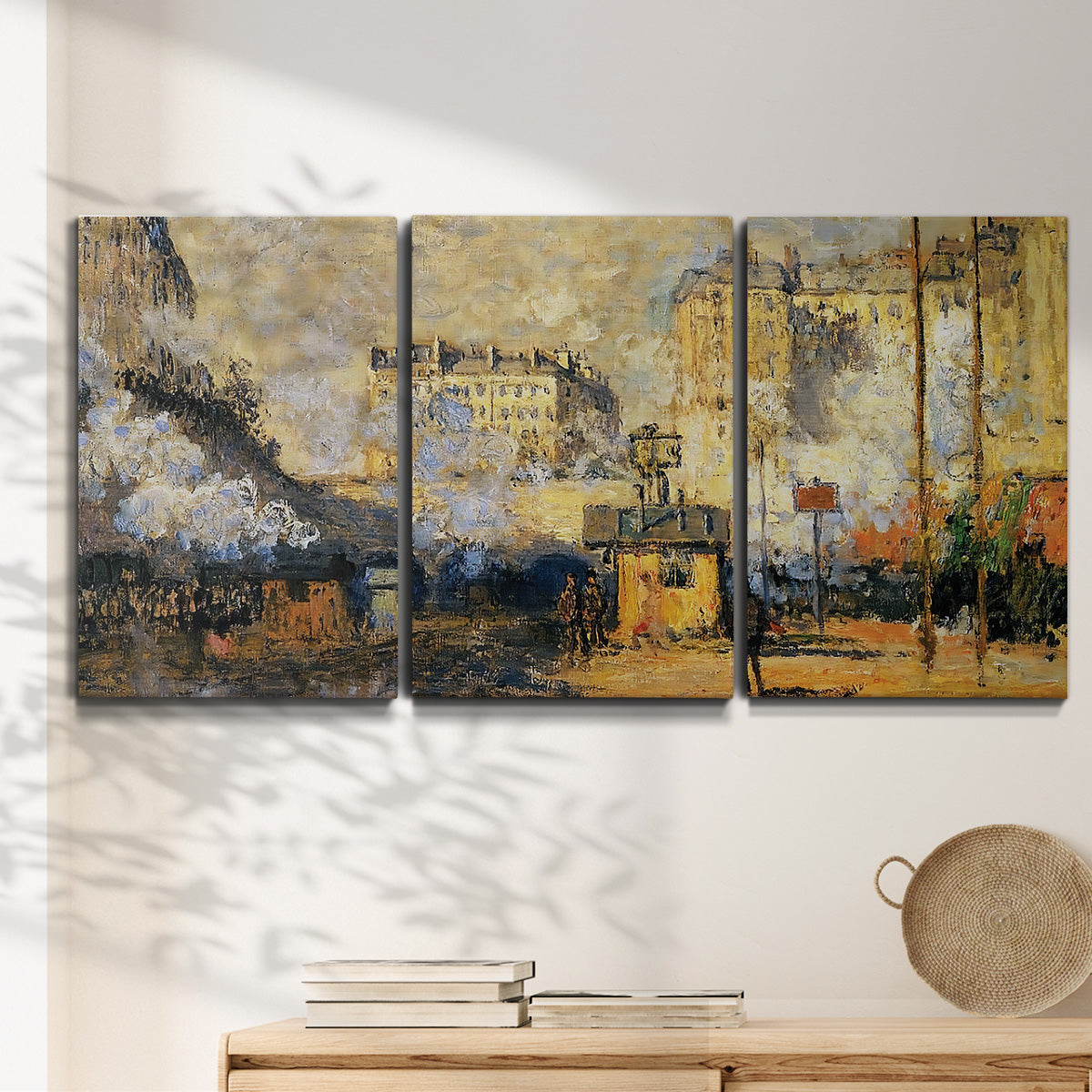Three-panel canvas wall art featuring calm tropical shoreline at dusk, displayed in a minimalist living room above a console table.