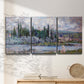Three-panel canvas wall art featuring summer village view along river, displayed in a minimalist living room above a console table.