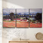 Three-panel canvas wall art featuring poppy field at giverny in bloom, displayed in a minimalist living room above a console table.