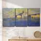 Three-panel canvas wall art featuring layered modern abstract color ribbons, displayed in a minimalist living room above a console table.