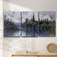 Three-panel canvas wall art featuring quiet river bend near village, displayed in a minimalist living room above a console table.