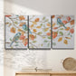 Three-panel canvas wall art featuring decorative bird trio illustration, displayed in a minimalist living room above a console table.