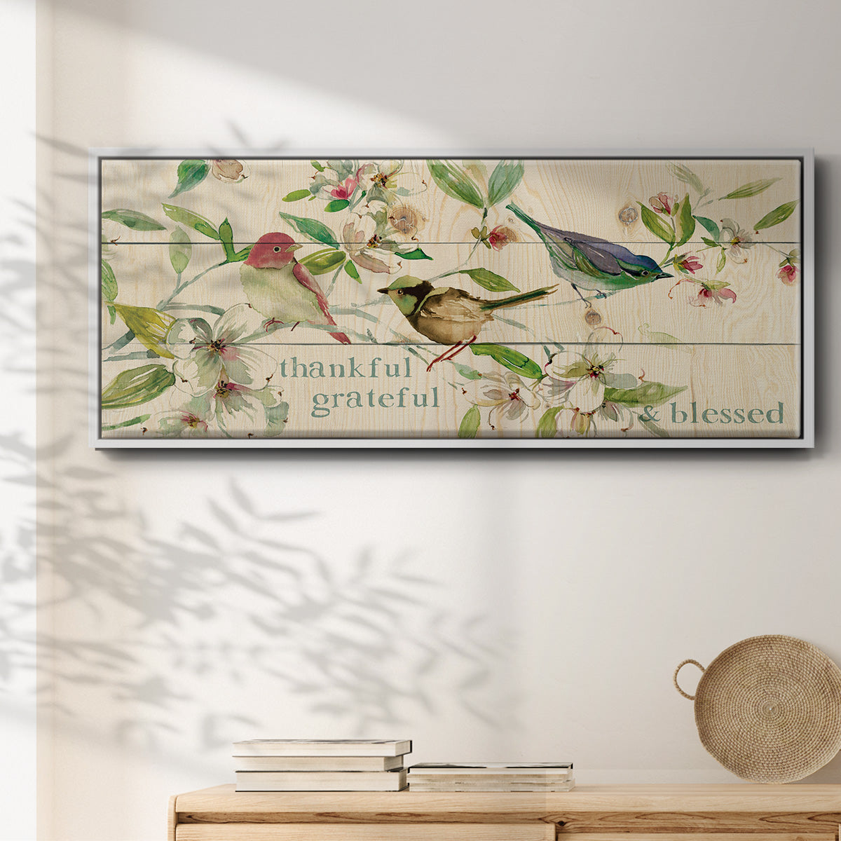 Grateful Thankful Blessed Birds - Floater Framed Canvas Print